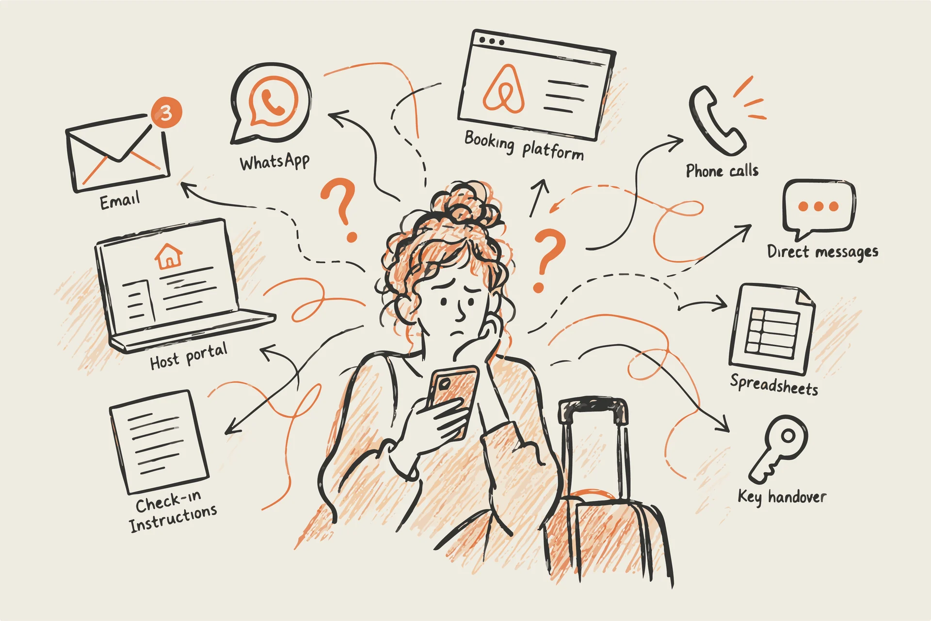 Guest surrounded by disconnected booking platforms, messages, calls, spreadsheets, instructions, and key handover tasks
