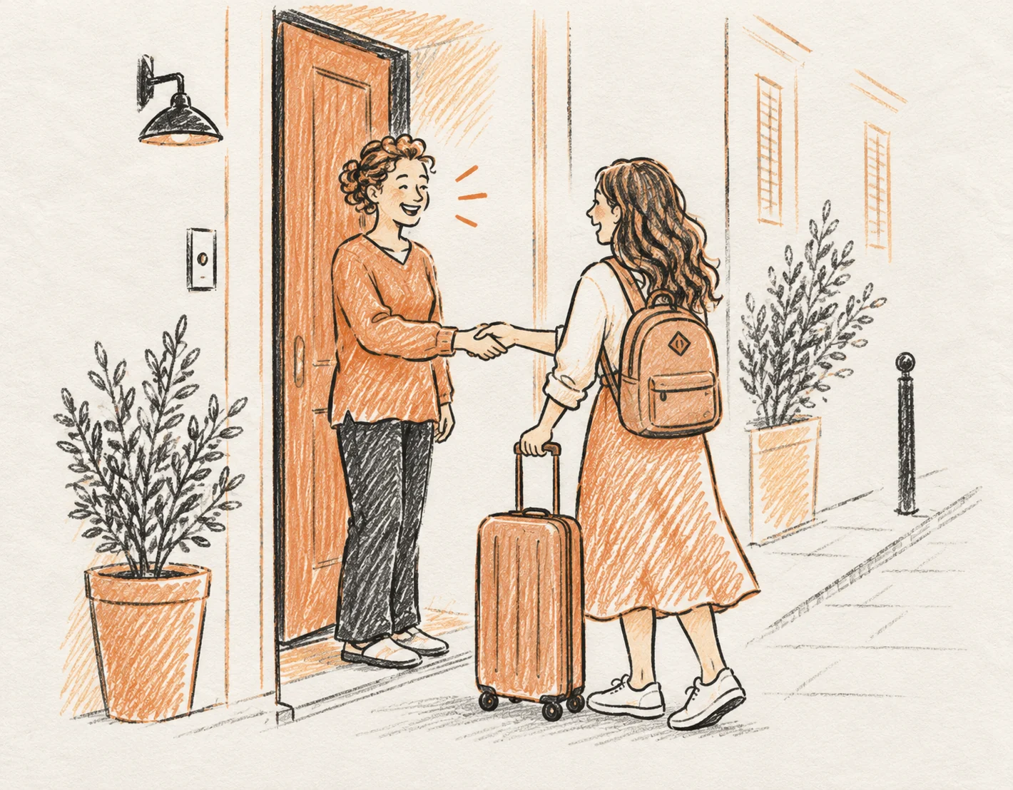 Host welcoming a traveler at the apartment entrance