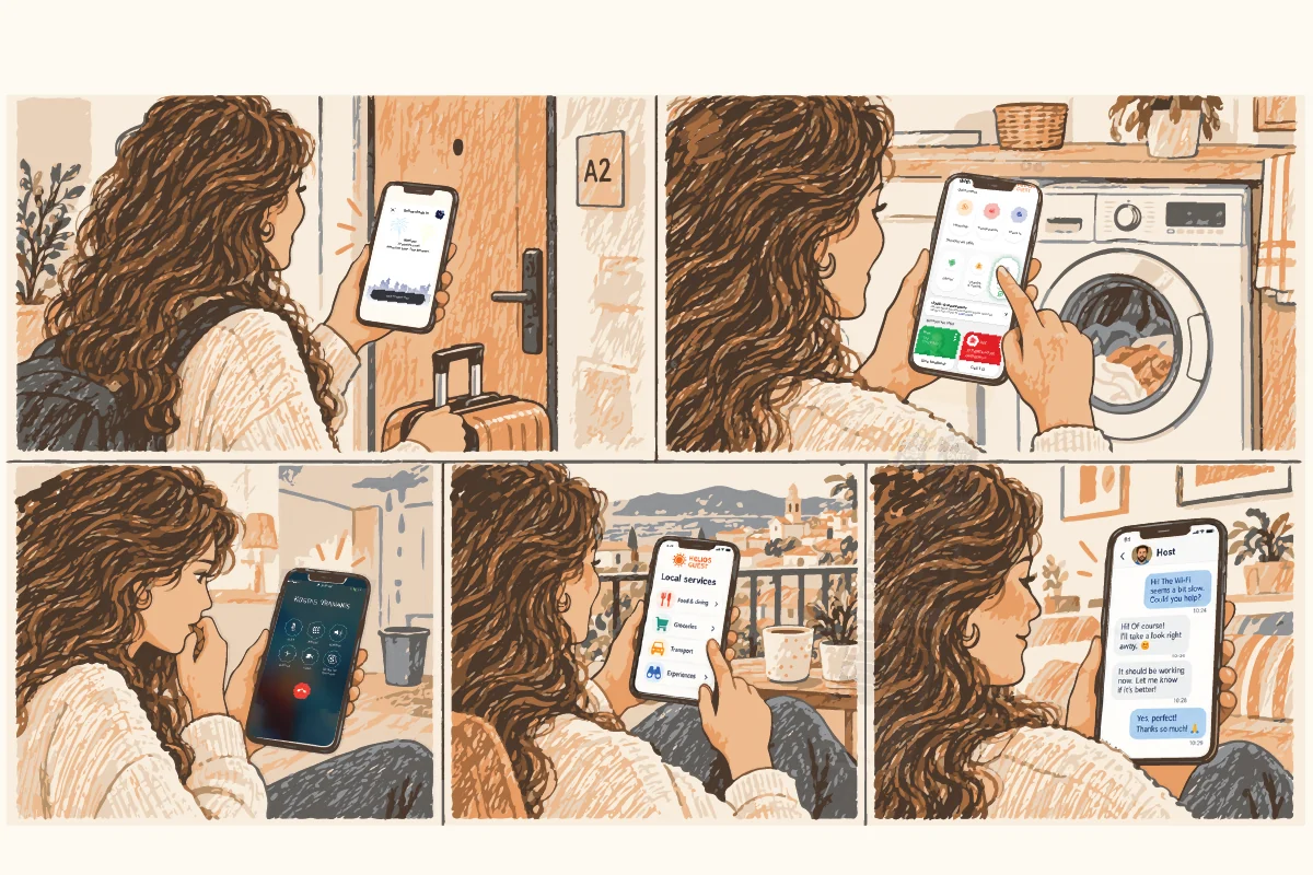 Illustrated scenes of the Helios Guest journey, from arrival and apartment guidance through support and local services