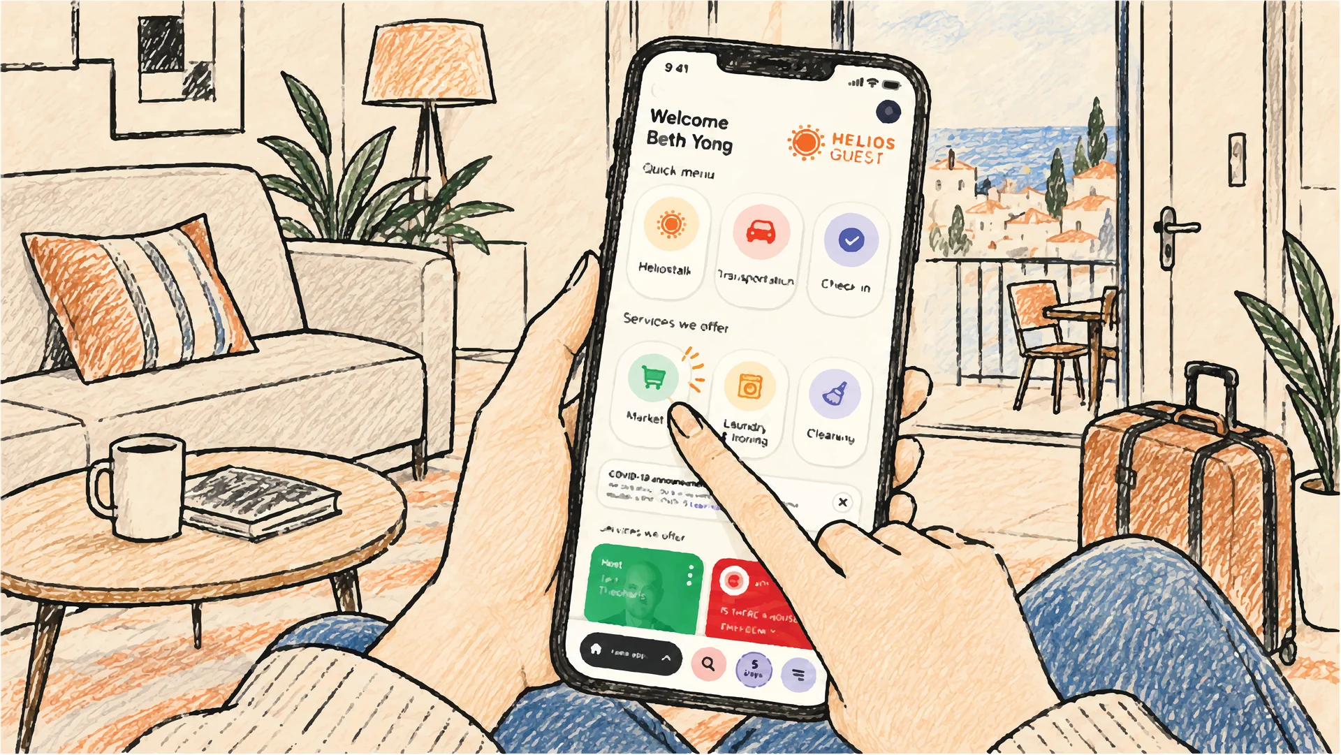 Guest using the Helios Guest app to access apartment information, services, guidance, and support from one mobile hub