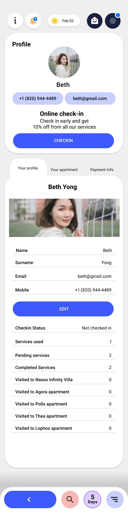 Helios Guest profile prototype showing trip information, personal details, and account controls