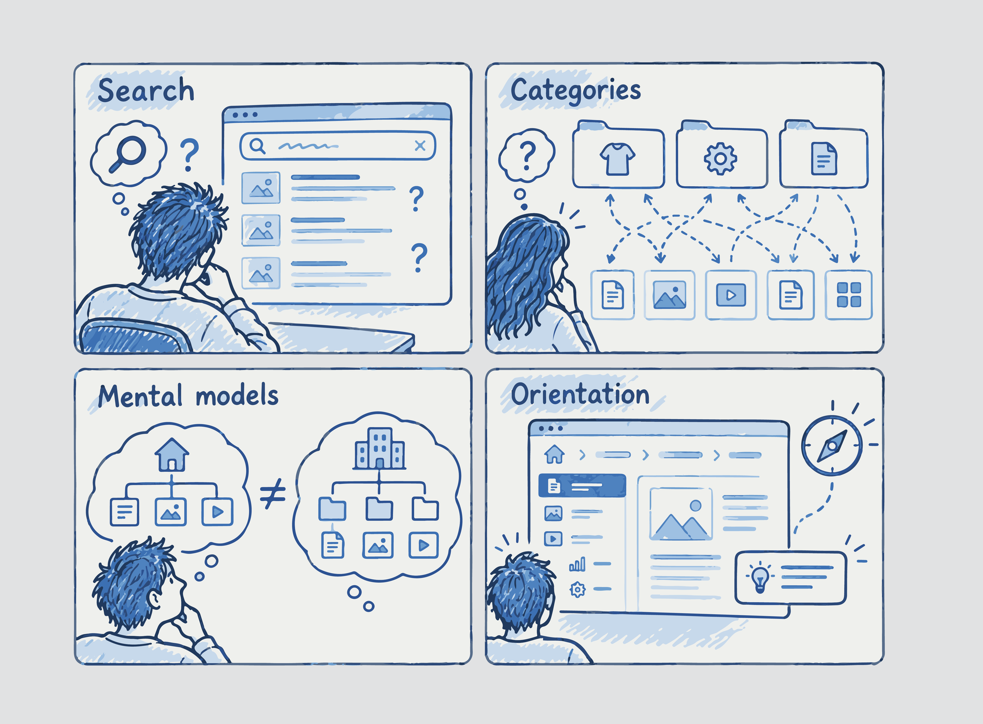 Four-panel synthesis of search expectations, category ambiguity, mental-model mismatch, and orientation needs