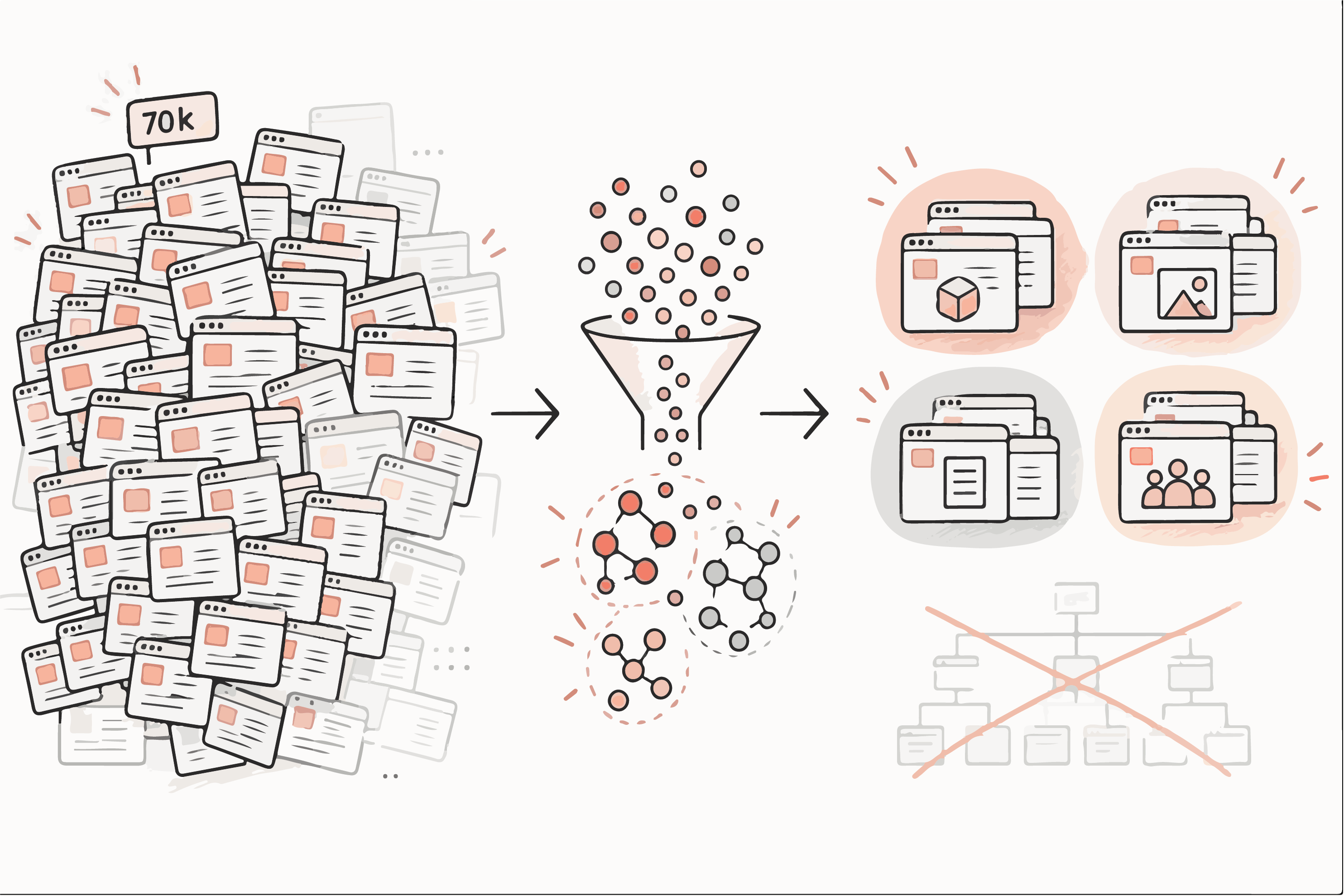 Sketch of a large scattered field of pages being grouped into labelled clusters, with a person reviewing the result.