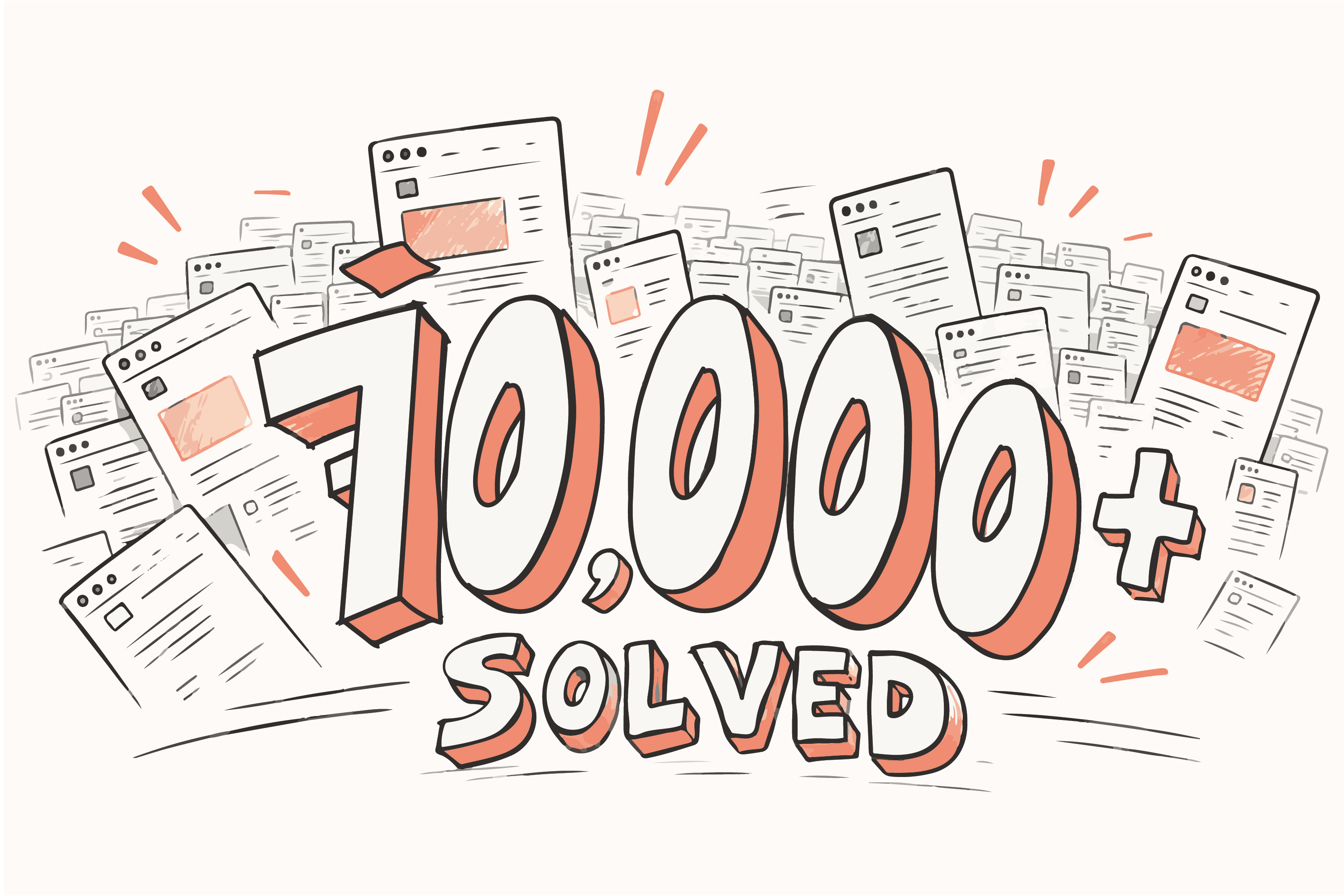 Hand-drawn illustration: the words 70,000+ SOLVED in bold lettering, surrounded by a crowd of sketched webpage thumbnails.