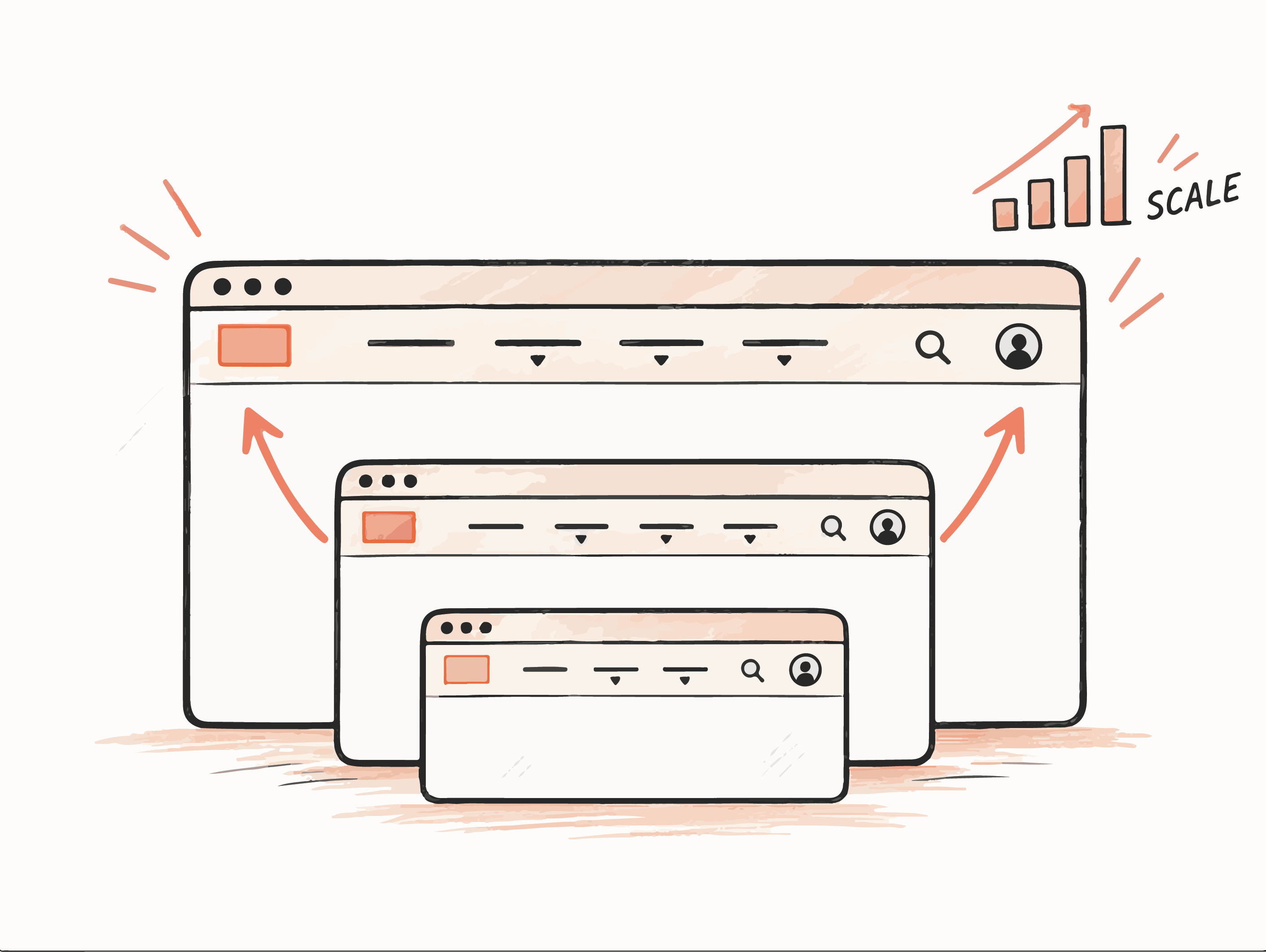 Sketch of a navigation structure branching cleanly from a single trunk into product, platform and support groups.