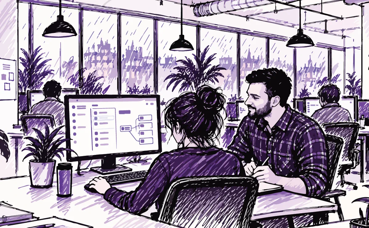 Two product team members reviewing a node-based traceability workflow on a desktop monitor in an open office