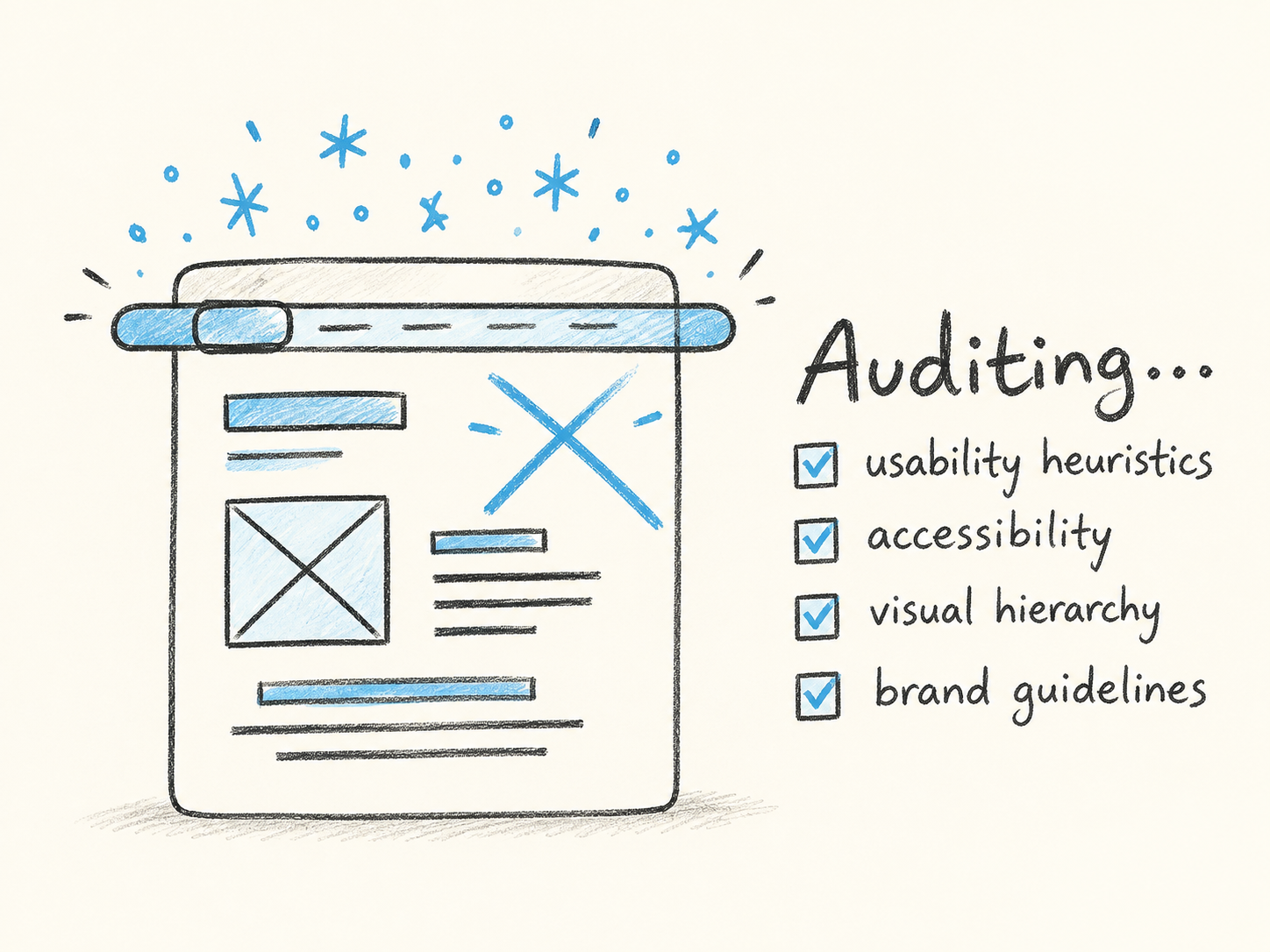 Hand-drawn UX-Ray audit illustration showing checks for usability heuristics, accessibility, visual hierarchy, and brand guidelines